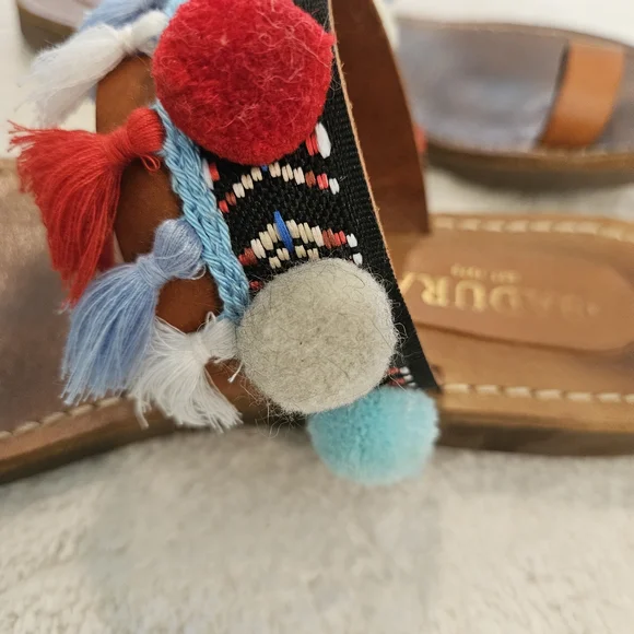 Brown Leather Pom Pom Sandals Colorful Size 9 Bohemian Tassel Western Summer - Picture 6 of 10
